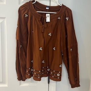 Women’s Brown Embroidered Peasant Top